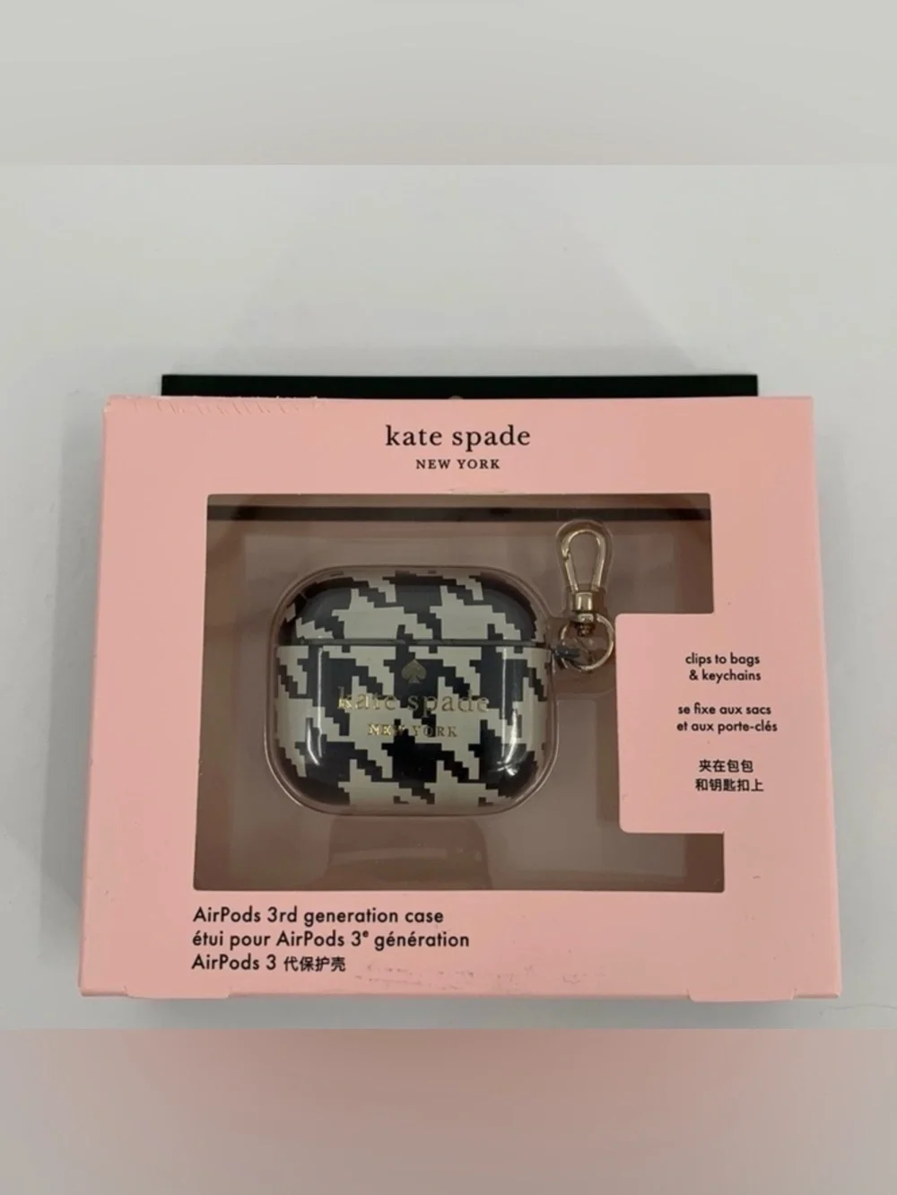 Kate Spade 3rd gen Airpods hardside case black cream herringbone clip new